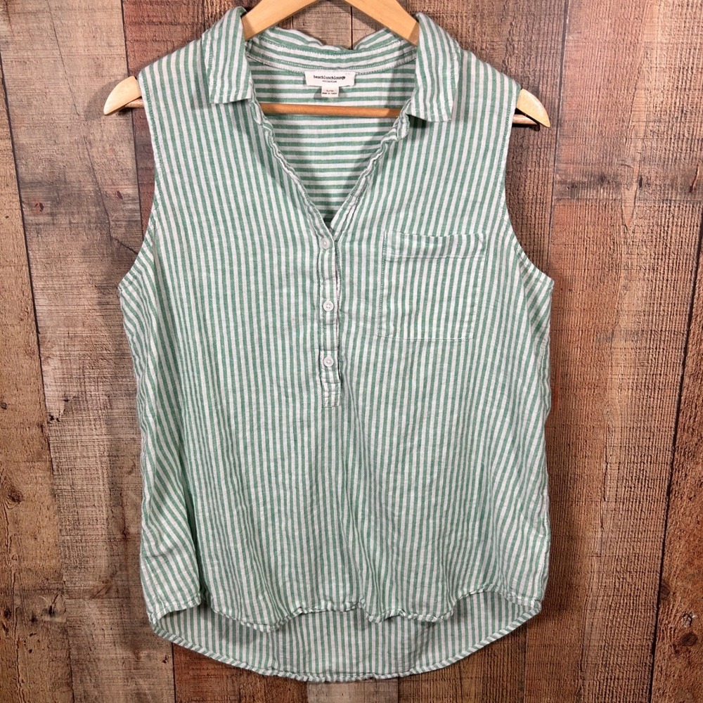 BeachLunchLounge Linen Cotton Green Stripe Sleeveless Button Top Large Coastal